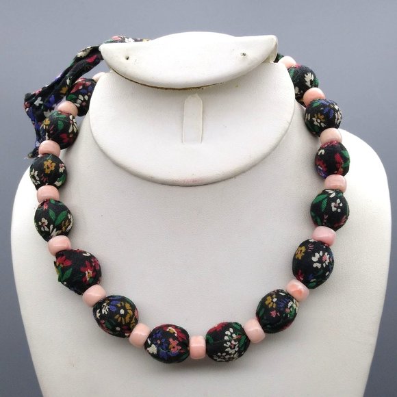 Cottagecore Fabric Covered Beads Necklace, Vintage Black Floral Cloth with Pink - Picture 1 of 4